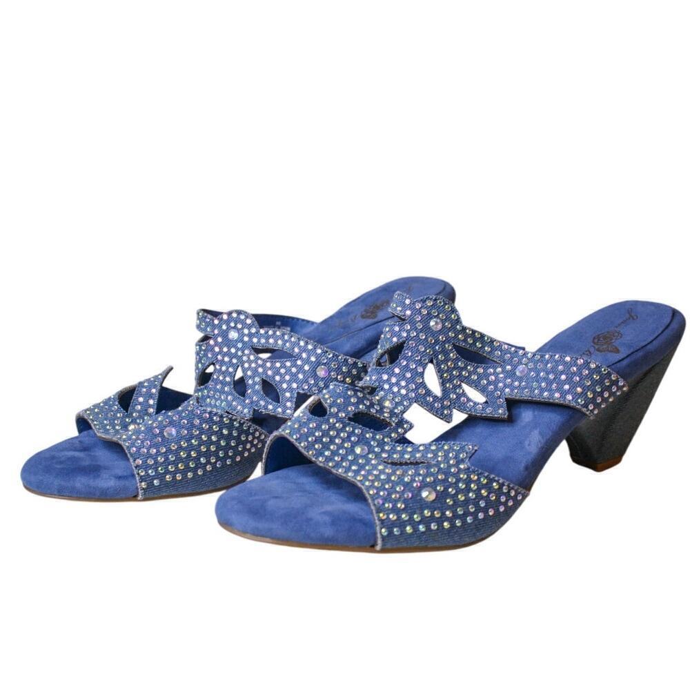 Joan Boyce Denim Cut Out Sandals Cone Heel Slip On Rhinestone Bling 8M